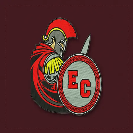 Red and black spartan mascot with a round shield reading EC, embroidered