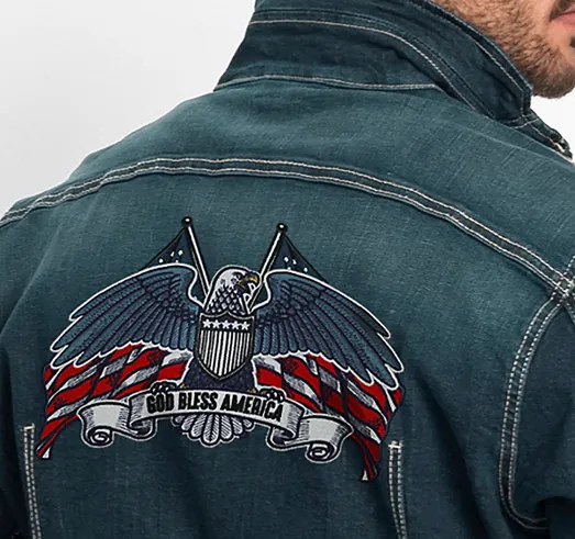 Eagle with flag wings and God Bless America banner embroidered on the back of a denim jacket