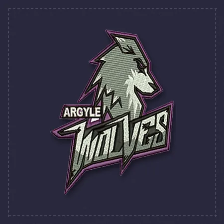 Wolf head mascot with Argyle Wolves lettering embroidered in gray and purple